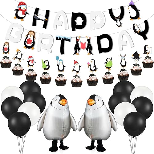 Decoración de fiesta de pingüinos de 48 piezas, pancarta de feliz cumpleaños, globos de pingüino caminando, adornos para pasteles, globos de látex