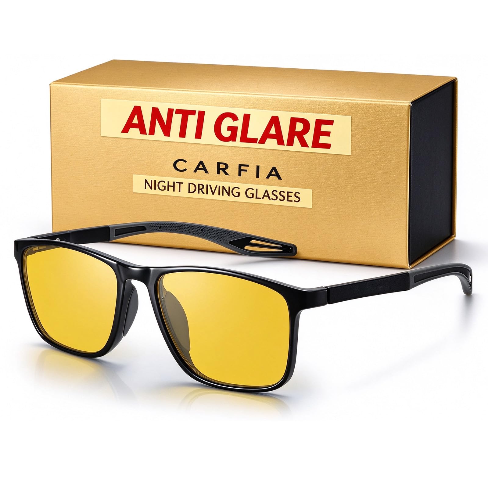 CARFIA Nachtsichtbrille für Herren Damen Klassische Eckige Fassung mit Gelben Gläsern Blendschutz Ideal zum Autofahren bei Regen, Nebel und Dunkelheit