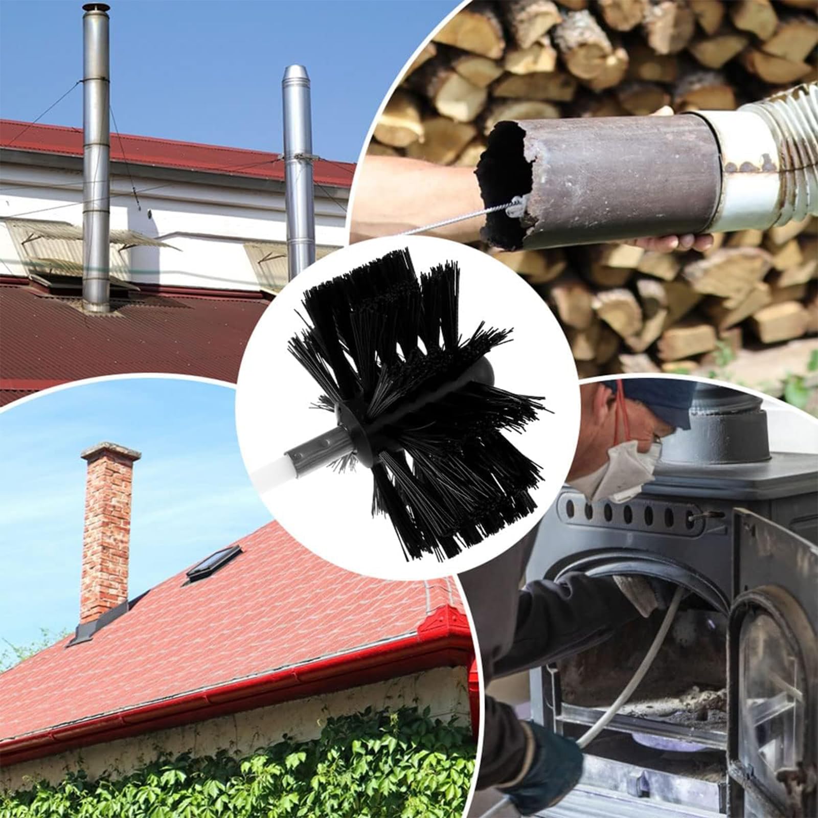Szczotka do kominek, 9 prętów elastycznych, 410 mm, 2 główki szczoteczki, 2 pręty sześciokątne, 1 taśma klejąca, zestaw do czyszczenia