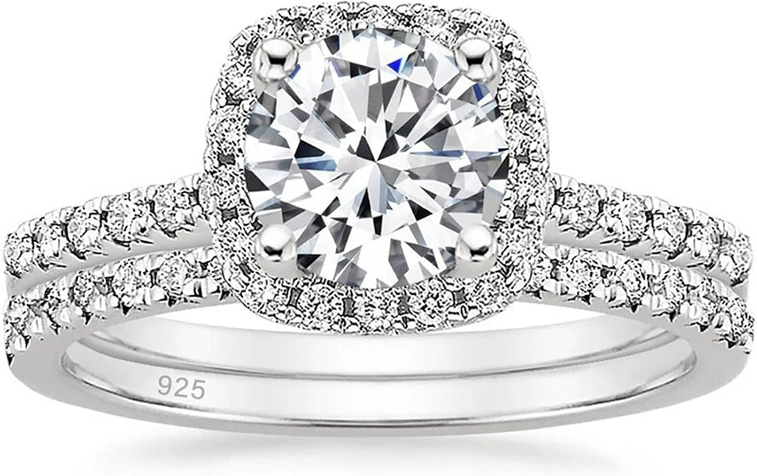 Engraved Women 925 Sterling Silver Promise Ring, 2 Ring Set with 7MM Round with Cubic Zirconia, Gold Ring Bands for Women