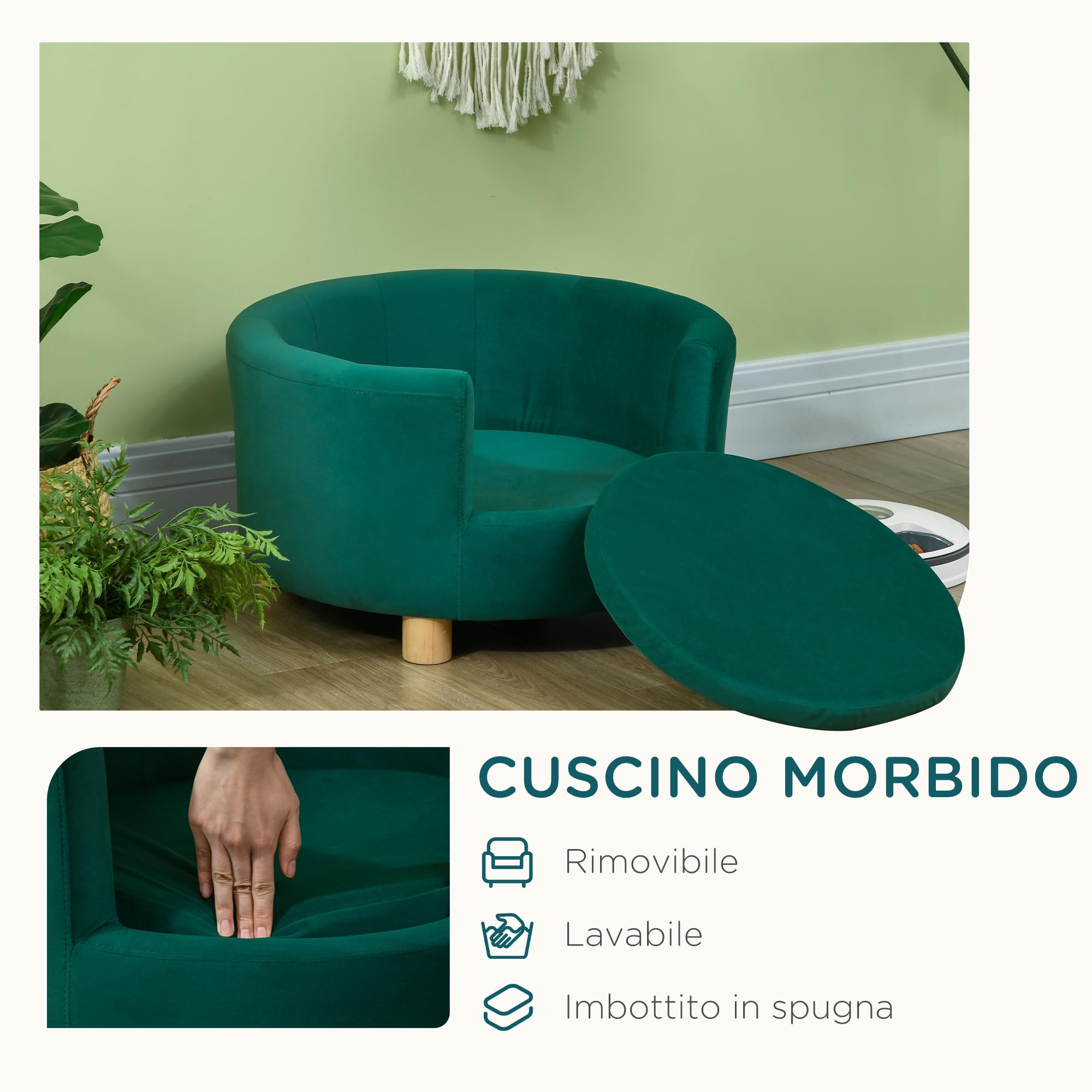 PawHut Divano per Cani Imbottito con Schienale e Cuscino Rimovibile, Cuccia per Gatto da Interno, 65x64x37cm, Verde