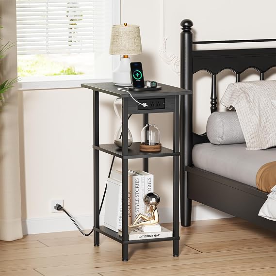 Asgolion Tall End Table with Charging Station, Tall Nightstand with Storage