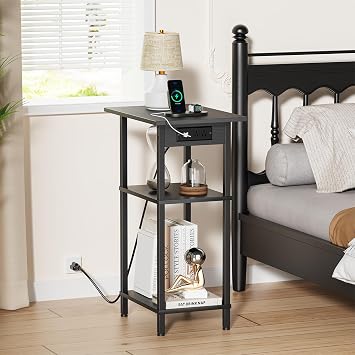 Asgolion Tall End Table with Charging Station, Tall Nightstand with Storage