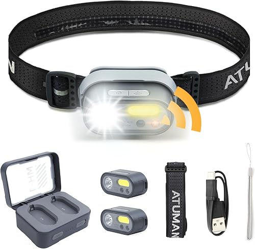 Faro LED recargable, paquete de 2 faros con sensor de movimiento, 8 modos de luz, haz doble de 1200 lúmenes, lámpara frontal de 39 horas de duración