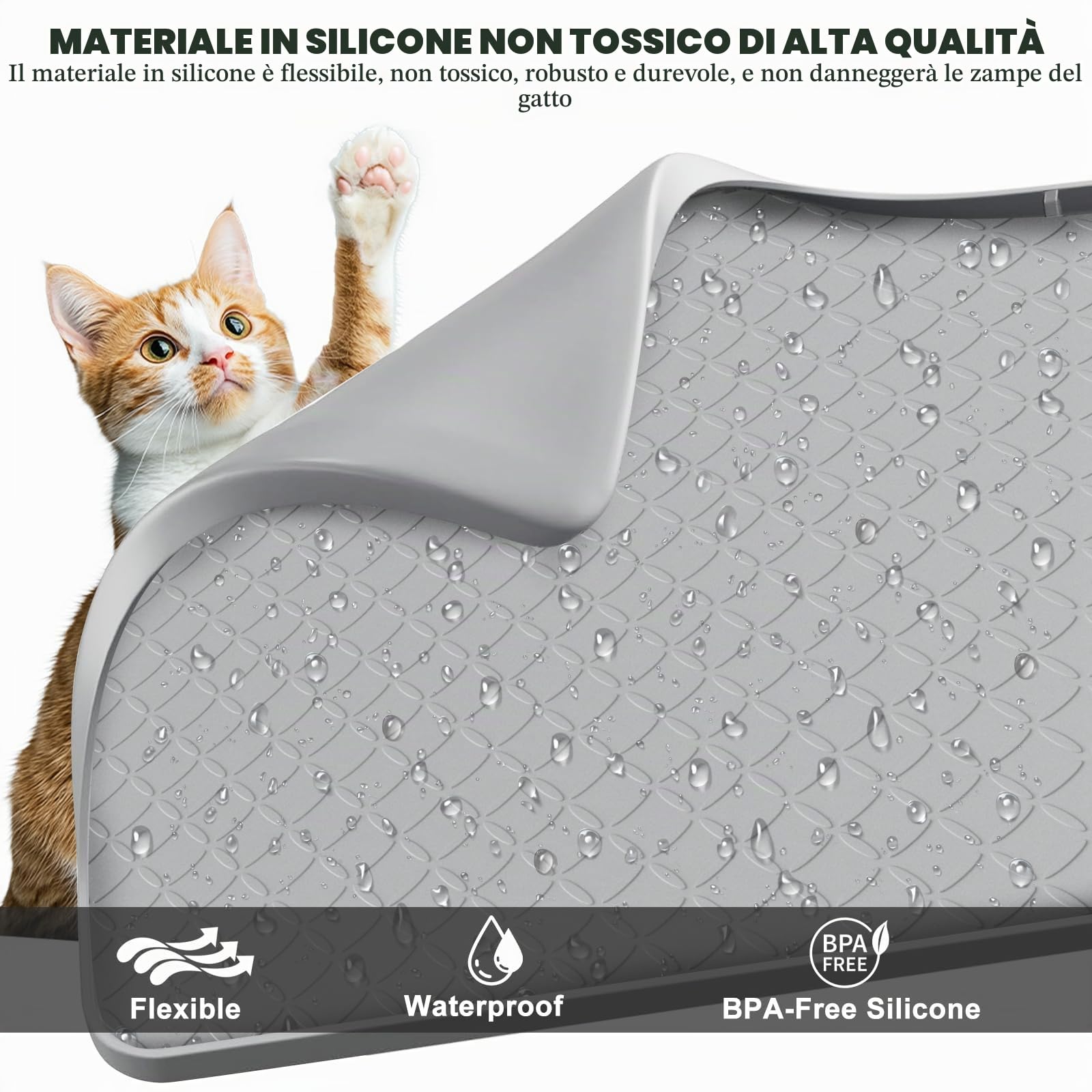 Tappetino per lettiera in silicone XXL 88 × 56 cm, impermeabile, antiscivolo e facile da pulire, tappetino extra per lettiera per gatti, grigio, zampe di gatto amichevole, per ciotola e lettiera per