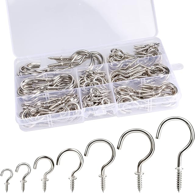 doesnotapply 152 Pieces Screw Hooks Heavy Duty Cup Hooks 7 Sizes Screw in Hooks for Wood Small Outdoor Hooks Metal Ceiling Hooks for Hanging Mugs Cups Plants Kitchen Garden Silver
