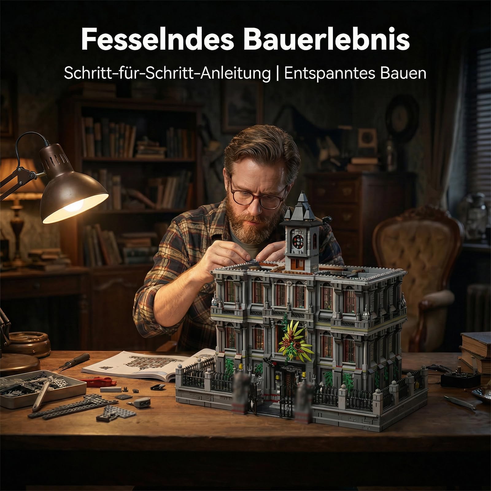 Lunatic Hospital Architecture Klemmbausteine mit Licht - 7499 Teile Gotisches Irrenhaus Modular Buildings, Dreistöckiges Haus Bauset für Erwachsene Kompatibel mit Panlos