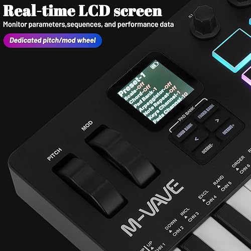Miniatura 46 de M-WAVE Controlador de teclado MIDI USB de 25 teclas con 8 almohadillas retroiluminadas, teclado dinámico profesional semiponderado Bluetooth, 8