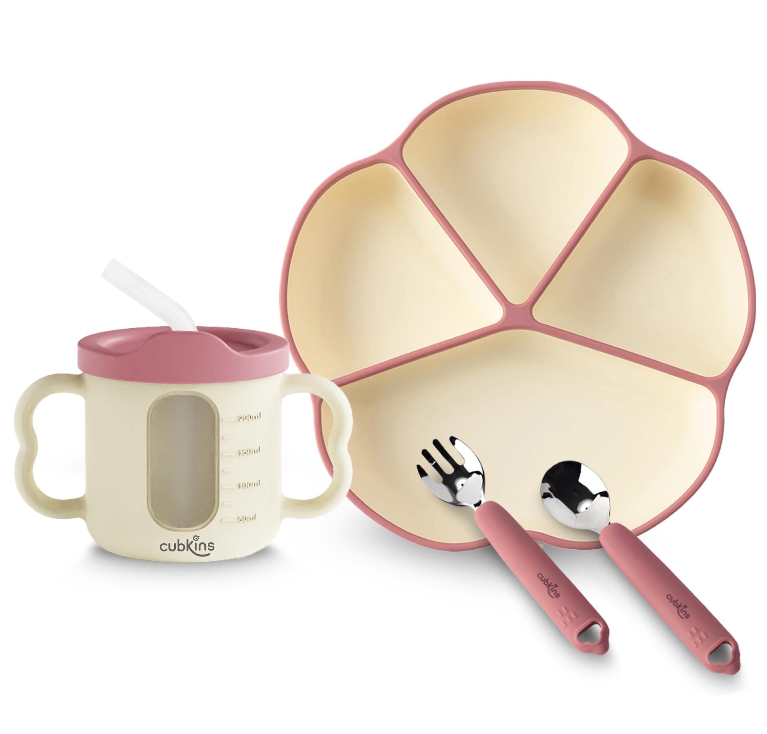 Cubkins Silicone Suction Plate & Sippy Cup with Stainless Steel Spoon & Fork Set of 4 for Feeding Babies | BPA Free, Washable and Reusable Feeding Set for Kids, Toddlers (Raspberry)-picture-14