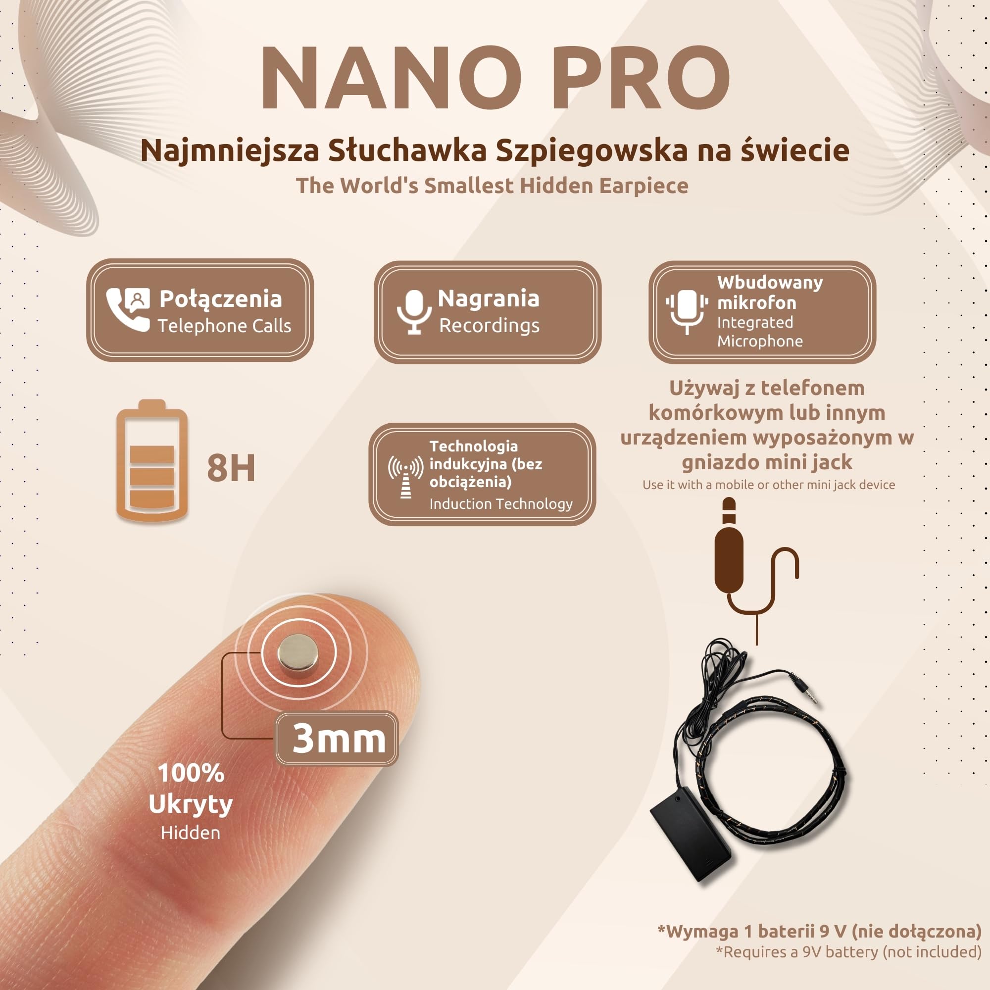 PingaOculto Słuchawka Szpiegowska na Egzamin Przycisk ON OFF (Nano Pro) | Jack 3,5 mm, Zintegrowany mikrofon, Przycisk wielofunkcyjny, Rozmowy i nagrania, iPhone i Android, Niewidoczna, Mini rozmiar