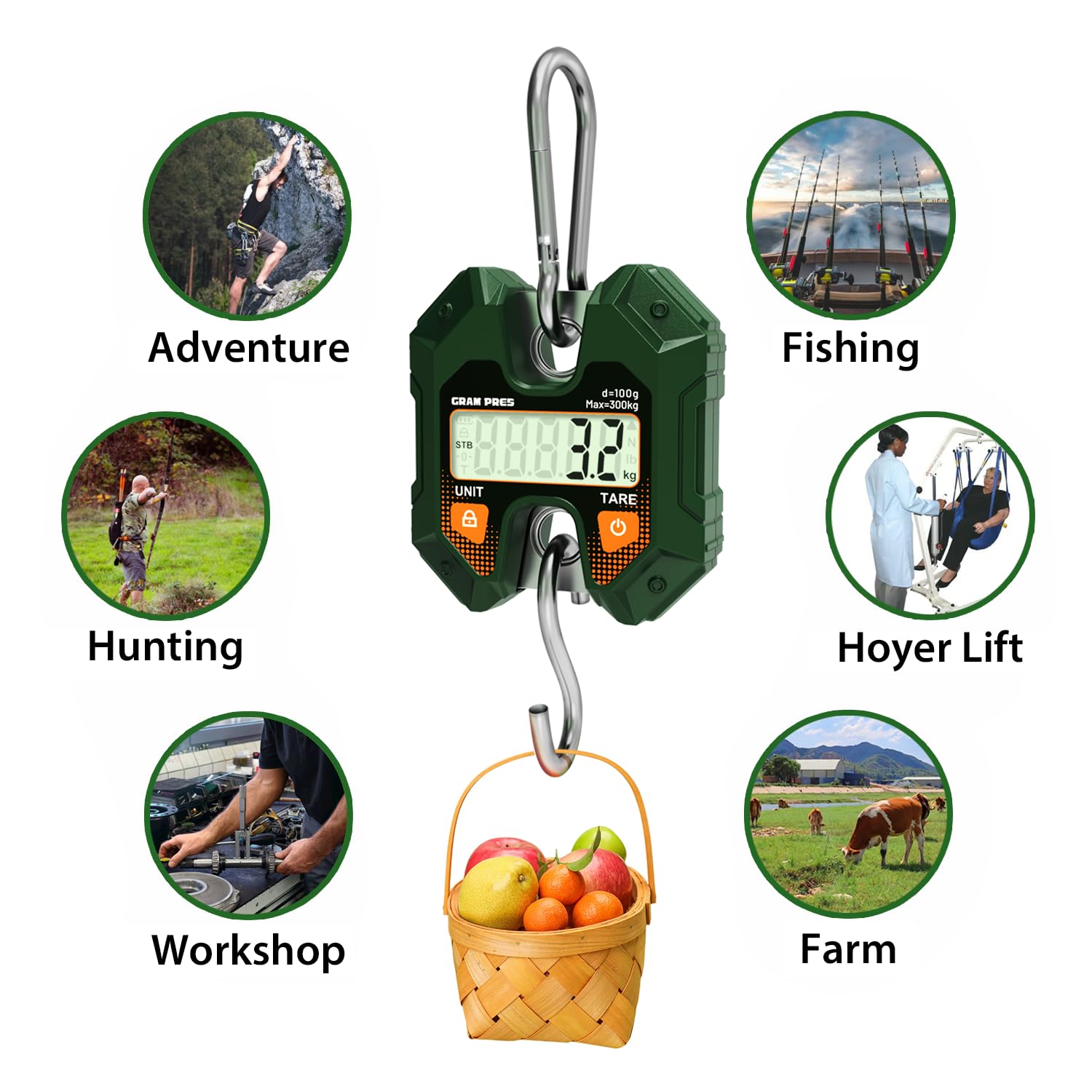 GRAM PRES Balance numérique suspendue 660 lb/300 kg, mini balance portable, balance de chasse au cerf, balance numérique avec crochet pour la ferme, le poisson, la viande, le gibier, l'extérieur