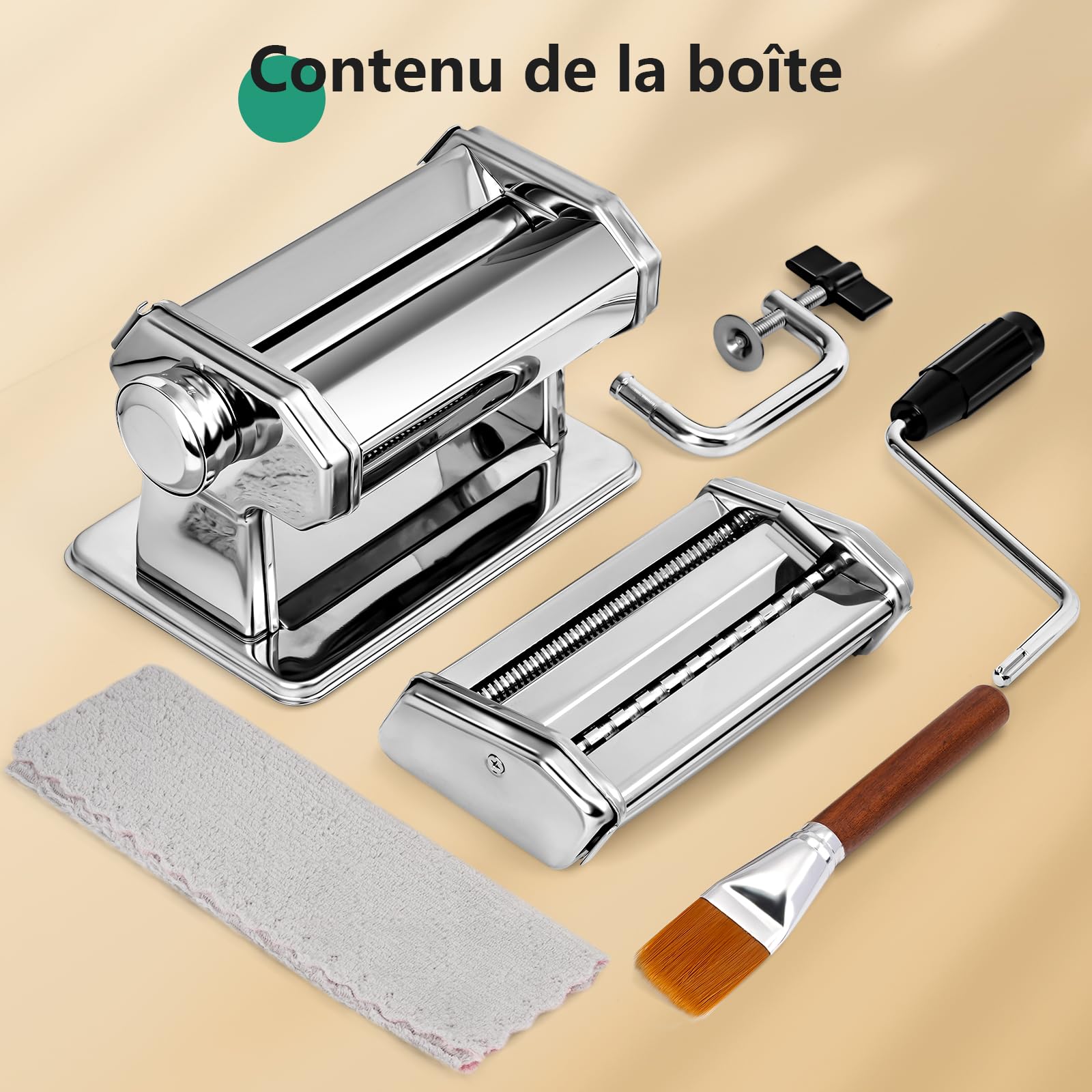 YASHE Machine à Pâtes Manuelle, 7 Épaisseurs Réglables, Machine à Pâtes en Acier Inoxydable avec Rouleau et Cutter, Machine à Pâtes Fraîches à Manivelle à la Main pour Spaghetti, Fettuccini, Lasagnes