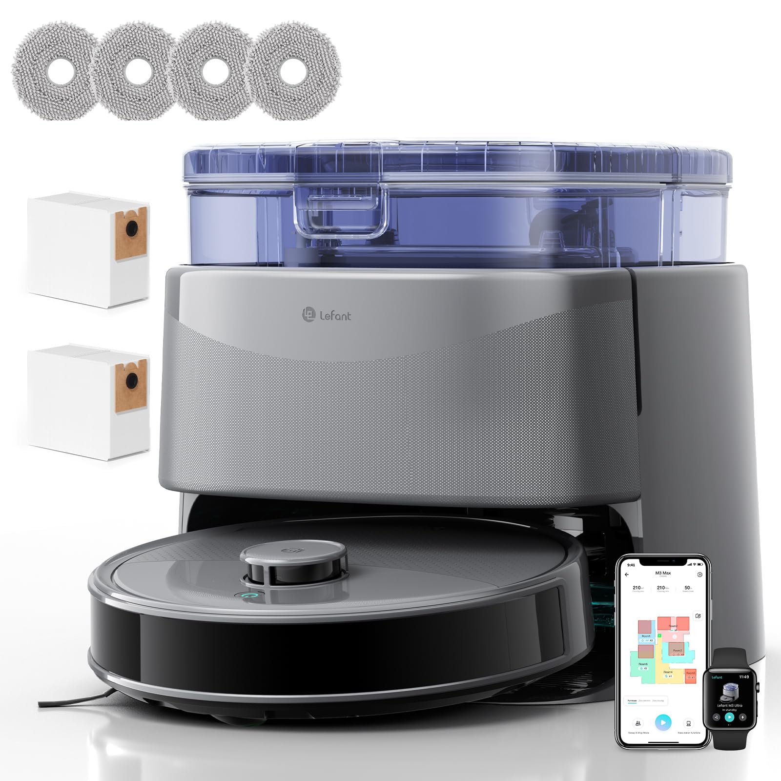 LEFANT M3 Ultra Robot Aspirapolvere Lavapavimenti con Mappatura, 23000Pa, Laser dToF, Evitamento PSD, Mop Rotanti con Lavaggio a 75°C e Asciugatura, Autosvuotamento 3,2L, WiFi 2.4G/5G, Alexa/App