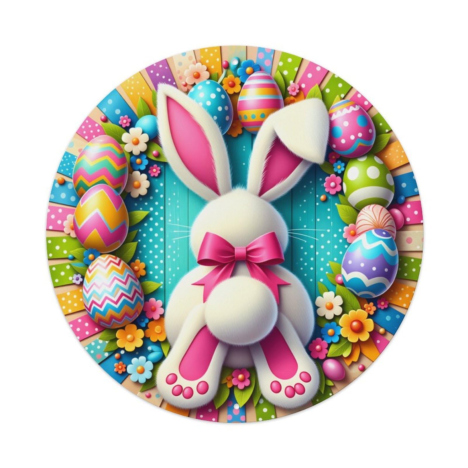 Easter Bunny Eggs Flowers Pattern Round Tin Sign Retro Metal Sign for Cafe Bar Pub Home Game Room Gym Club Wall Decoration Vintage Metal Poster 8x8 Inch
