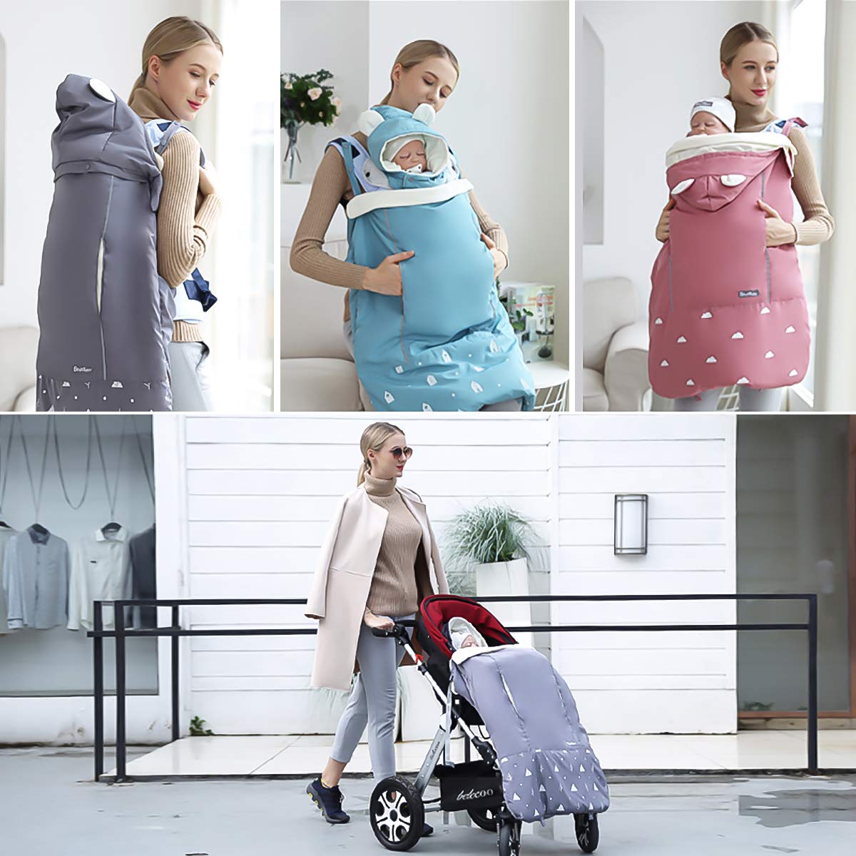 SONARIN Universale All Seasons Copertura per Marsupio,Copertina,mantello per l'inverno caldo,Sacco imbottito,antivento,Impermeabile,Cappello Staccabile(Rosa)