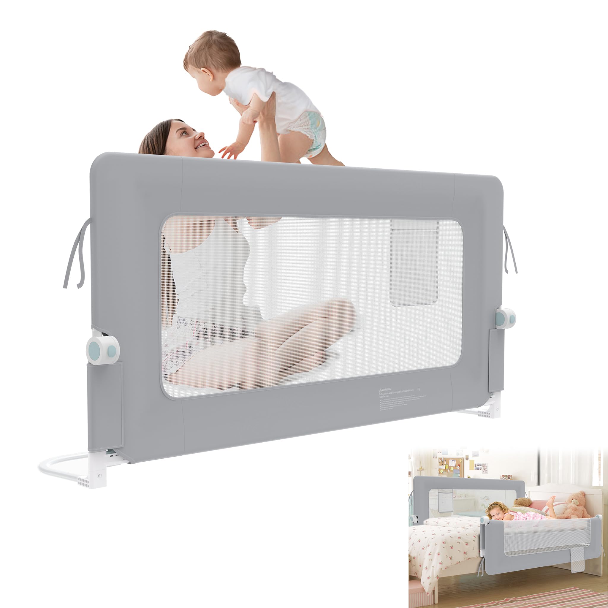 YRHome 150cm Bettgitter Rausfallschutz klappbar 180 Grad drehbar Bettschutzgitter für Kleinkinder luftiges Netz, Höhenverstellbar Rausfallschutz Bett für Kinderbett, Elternbett (Grau)