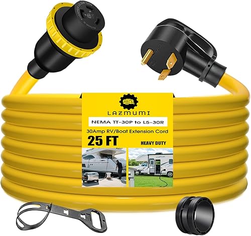 Cable de extensión de alimentación RV de 30 amperios y 25 pies, bloqueo giratorio, NEMA TT-30P macho a NEMA L5-30R, resistente 3 clavijas de calibre