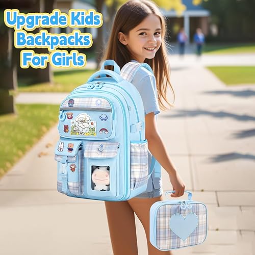 Miniatura 6 de Linda mochila para niñas, paquete de 5 mochilas kawaii estéticas con juego de lonchera, mochila escolar para niños y adolescentes, Azul, Lindo Kawaii