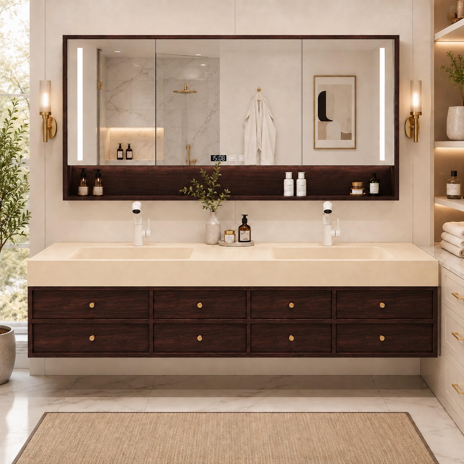 Mobile Bagno con Lavabo, Mobile Bagno Sospeso con Specchio Contenitore, Doppio Lavabo, Rubinetti Regolabili, Cassetti per Bagno Casa e Suite