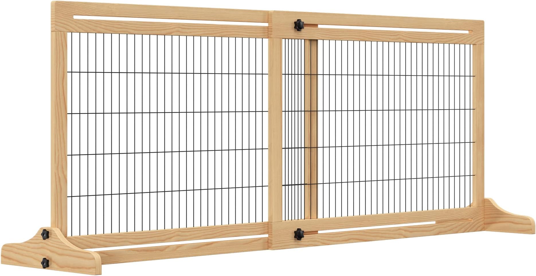 PawHut Freestanding Dog Gate, Foldable Pet Fence, Indoor Wood Barrier, Stair Gate with Support Feet, for Doorway, Hallway, Small and Medium Dogs, 69H x 104-183 cm, Natural Wood Finish