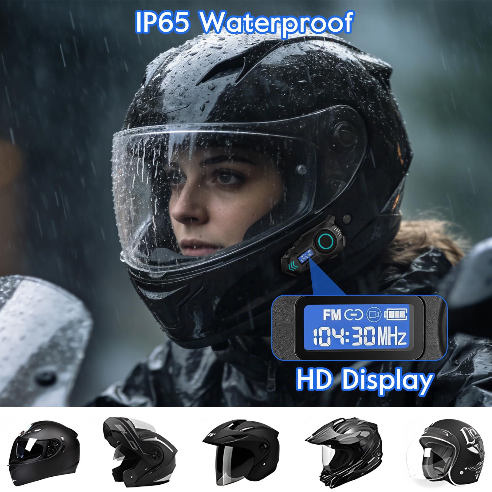 Auricolare Bluetooth per Casco da Moto, Interfono Moto con IP65 Impermeabile, doppia tecnologia intelligente di riduzione del rumore, 500m Comunicazione, schermo digitale, Autonomia di 40 ore