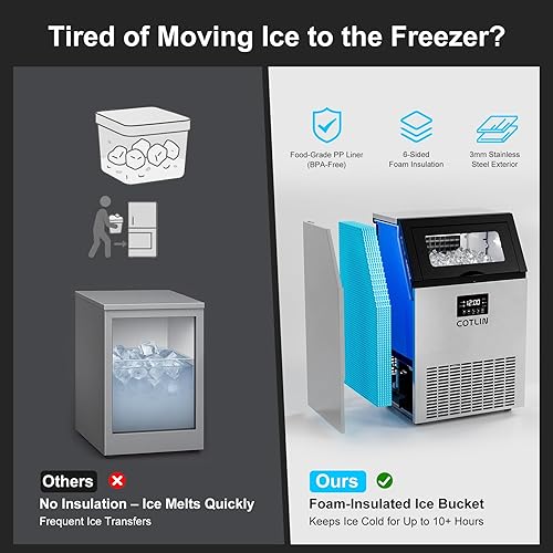 Miniatura 3 de COTLIN Máquina comercial para hacer hielo de 20 pulgadas, 150 libras/24 horas con contenedor de almacenamiento de aislamiento de 33 libras, ciclo