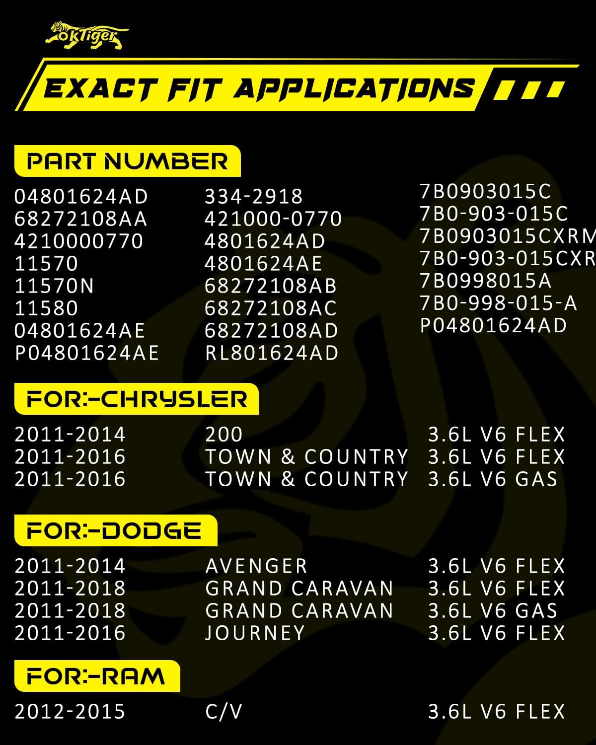 Oktiger Upgraded Alternator for Chrysler Town and Country 2011 2012 2013 2014 2015 2016 3.6L, for Dodge Grand Caravan 2011-2018, Journey Avenger, 12V 160A Clockwise 6-Groove Pulley, OE 04801624AD