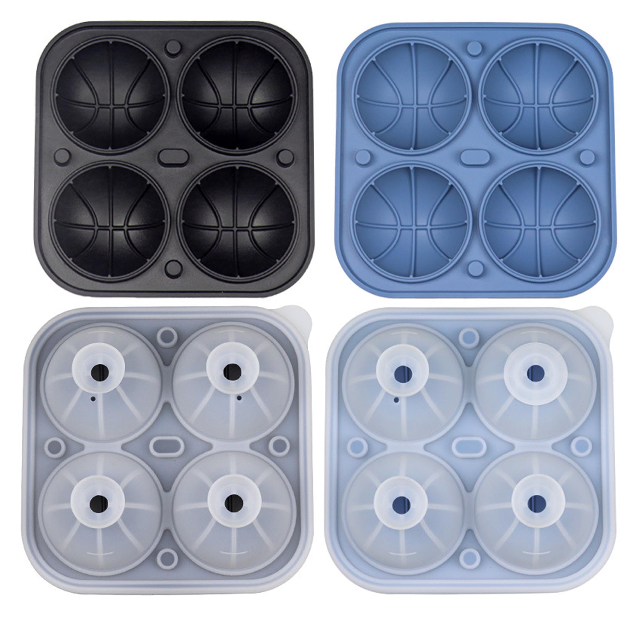 2PCS Silicone Ice Ball Mold, 3D Sports Ball Shaped Sphere Ice Mold 4-Cavity for Cocktails, Bourbon, Brandy, Whiskey, Blue & Black, Basketball ;1