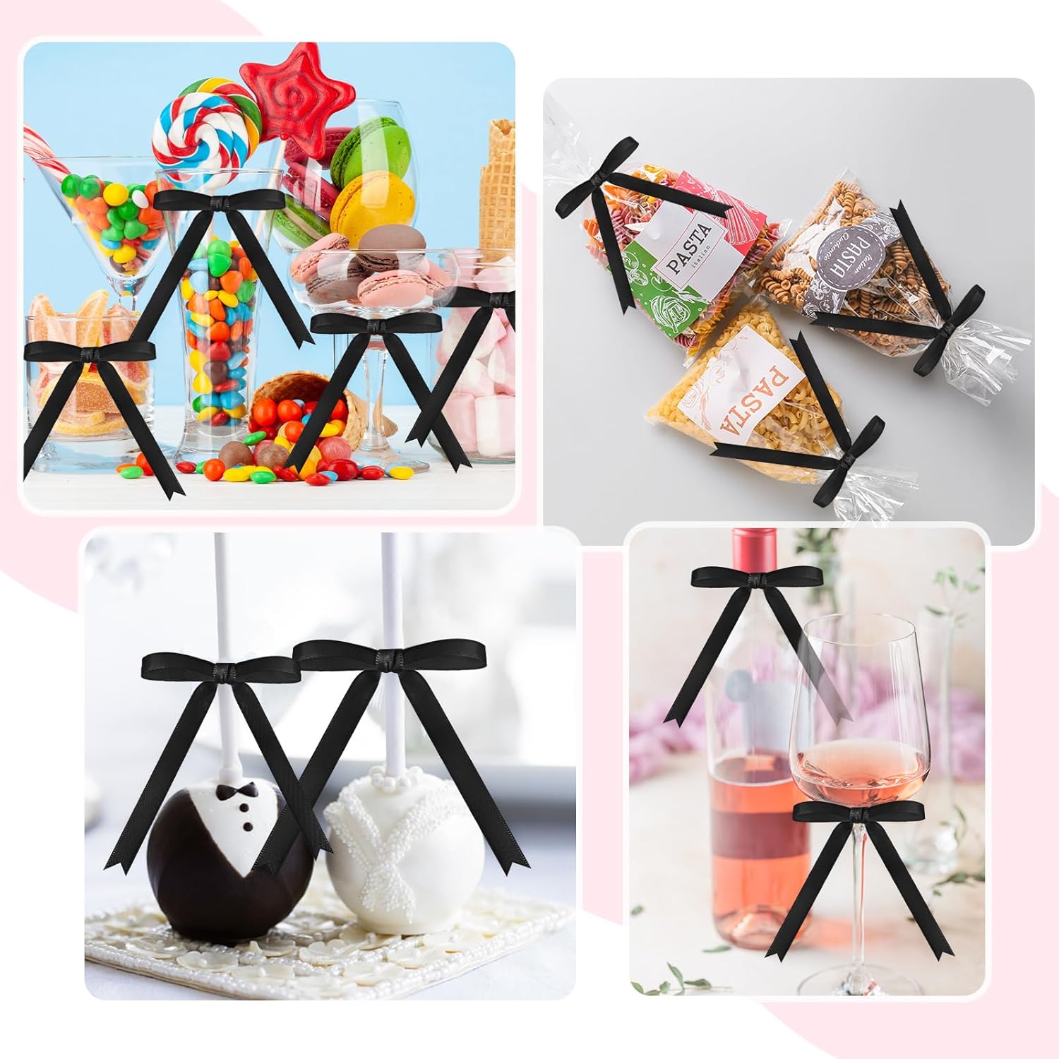 Riceshoot 100 Pcs Twist Tie Bows for Cake 3 x 4.3 Inch Satin Ribbon Bulk Pre Made Bows for Wrapping Gift Treat Bags DIY Craft Valentine Wedding Baby Shower Birthday Party Decor(Black) - Image 6