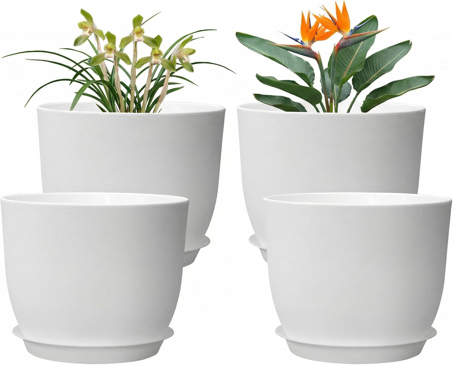 8 Inch Plant Pots Set of 4, Plastic Planters with Drainage Holes and Tray, Flower Pots for Indoor Outdoor Plants and Flowers (White)