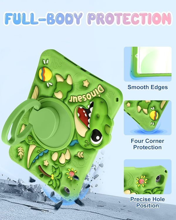 Boaretiu Tablet Case - Cute Cartoon Silicone Cover with Adjustable Shoulder Strap & Rotating Stand for Kids Boys Girls, for iPad mini 5th Generation/for iPad mini 4th Gen Case, Green Dinosaur by Boaretiuㅤ - Image 6