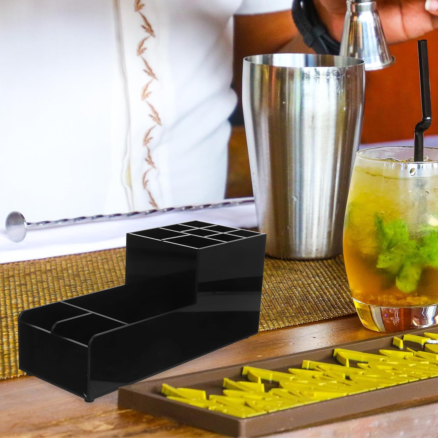 Bar Tool Organizer Rack with 11 Compartments, Black Matte Finish, Cocktail Shaker Spoon Holder and Ice Pick Storage for Home Bar and Restaurant Countertop