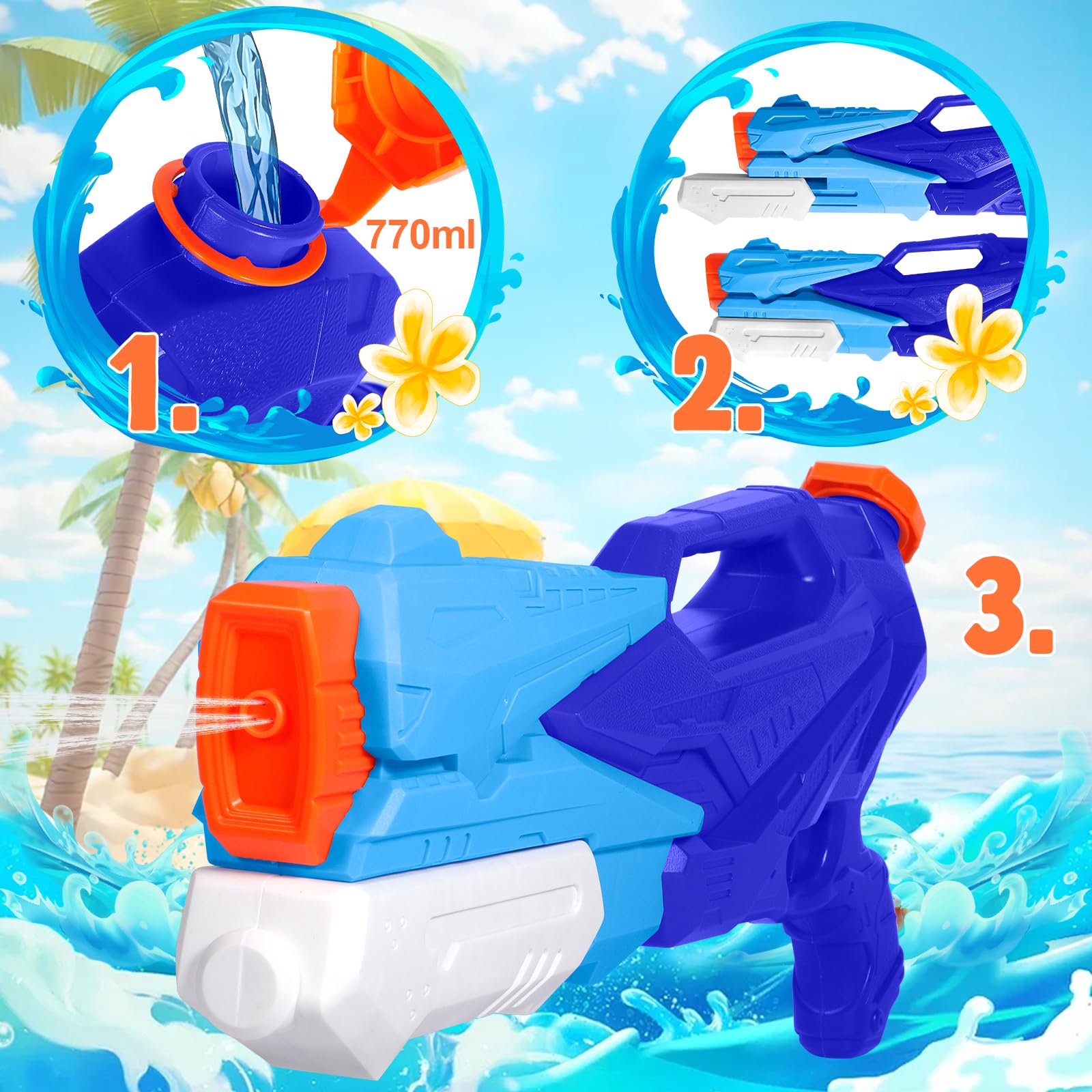 Pistola ad Acqua per Bambini Adulti, Confezione da 2 Potenti Pistole ad Acqua con 770 ml di Rrande Capacità e 33 Piedi a Lungo Raggio per Feste All'aperto Piscina Estiva sulla Spiaggia