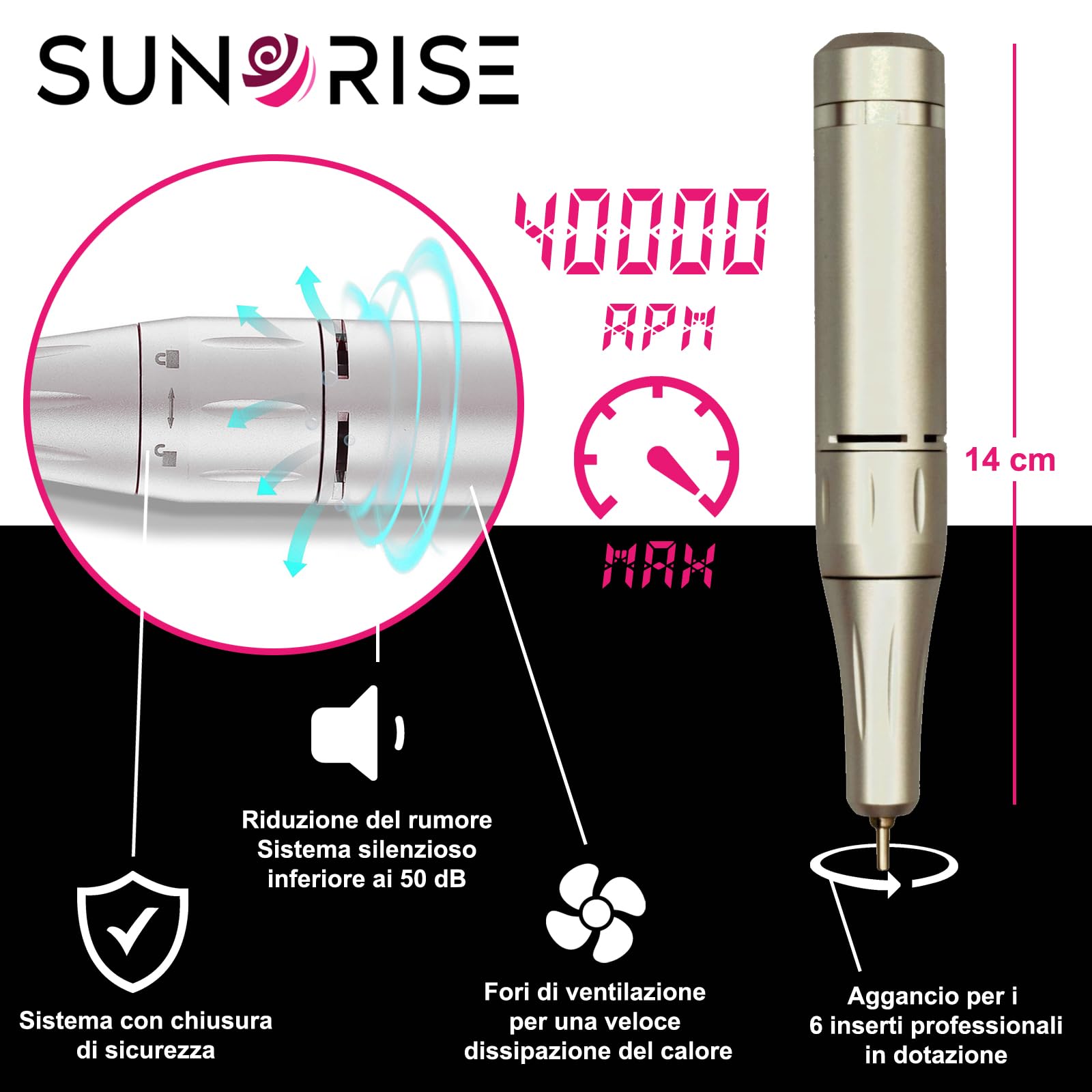 Fresa per Unghie Professionale - 40000 Giri, LED Multicolor e USB - Lima Elettrica - 6 Punte 36 Cilindri - per Pedicure e Manicure - Nail Drill (Nero)