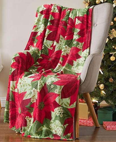 Serafina Home Manta de Navidad para las fiestas Vel suave y duradero acento de forro polar para cama o sofá (flor de pascua sobre rojo, 50 x 60