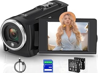 MuituneDirect 2.7K 56MP Camcorder: 16X Zoom Vlogging Camera with LED Light, 270° Screen, 32GB SD & 2 Batteries for YouTube