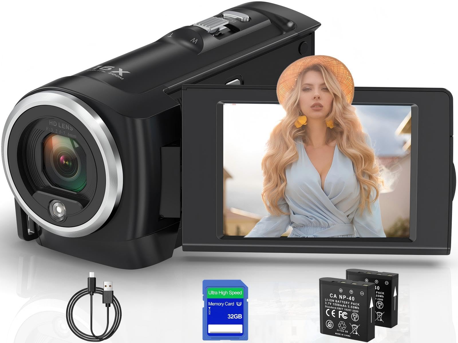 Camcorder Video Camera QHD 2.7K 56MP 16X Digital Zoom Vlogging Camera with LED Fill Light for YouTube, 2.8 Inch 270 Degree Rotation LCD Screen Camcorder with 32GB SD Card and Two Batteries