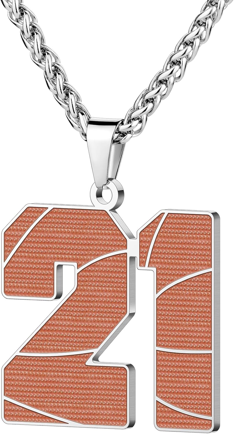 AMITER Mens Basketball Necklace, 0-99 Jersey Number Basketball Charm Pendant (1.5in Height) Necklace for Men