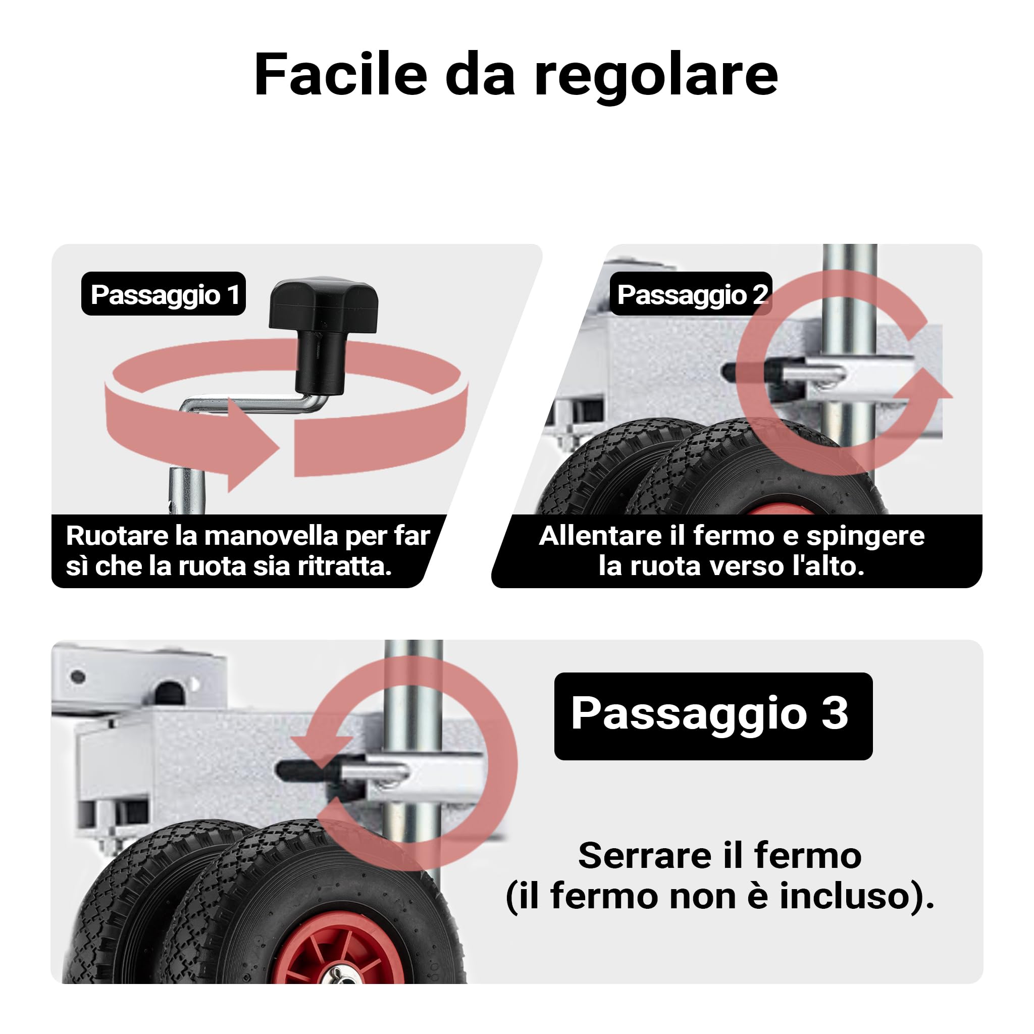 Wiltec Servotimone con ruota di appoggio doppia, portata 200 kg, supporto per rimorchio con pneumatici gonfiabili, ruotino di appoggio, altezza regolabile 66-86 cm, per rimorchi e caravan