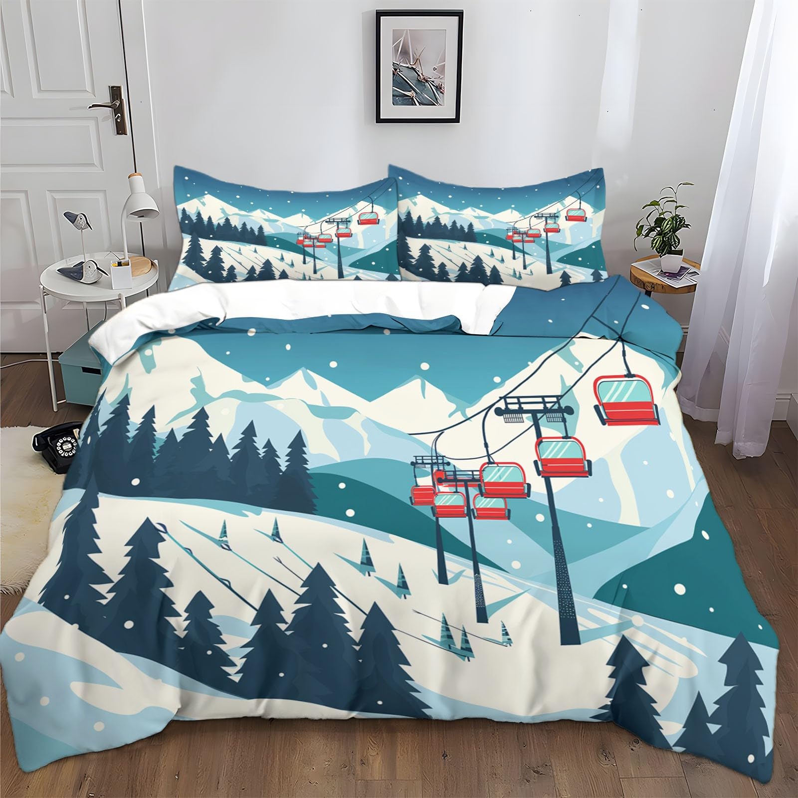 Parure de lit imprimé téléphérique pour ambiance chalet d'hiver