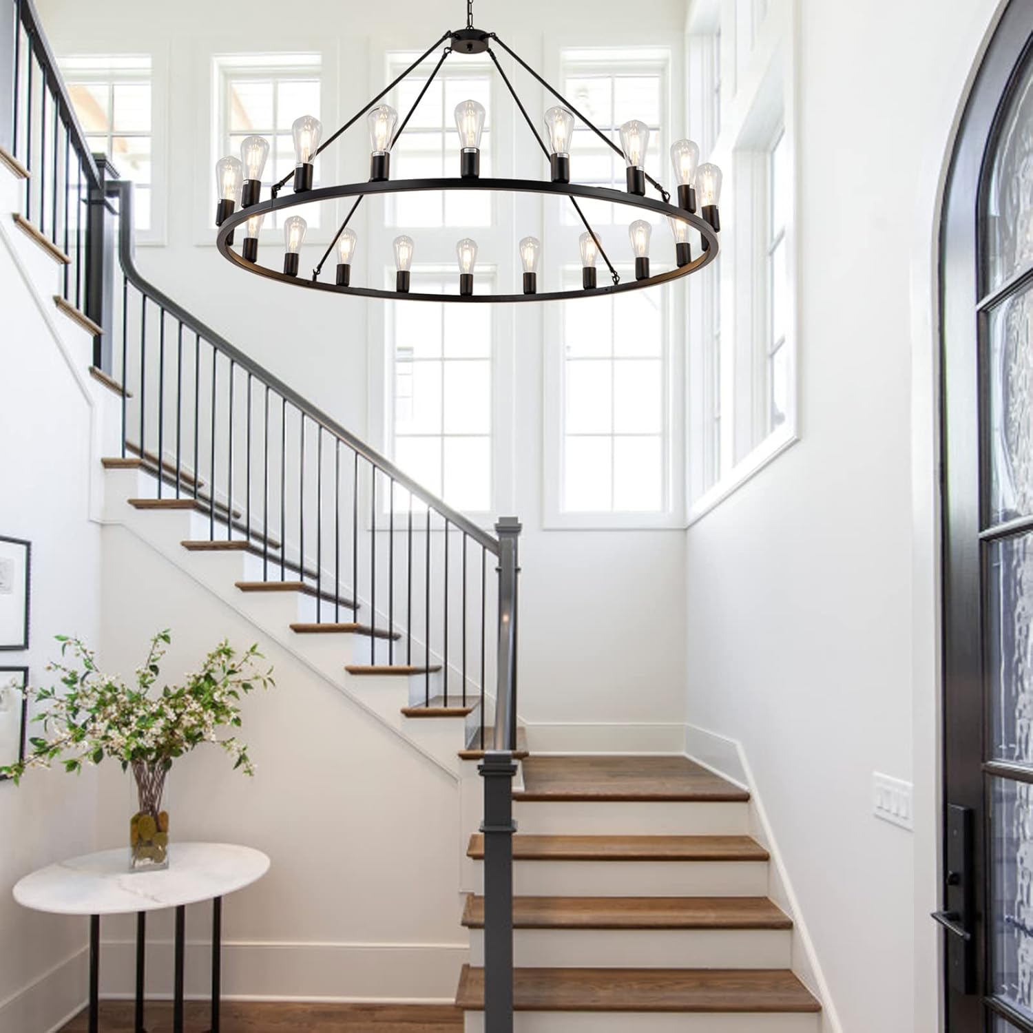 48” 20-Light Extra Large Wagon Wheel Chandelier, Round Black Rustic Farmhouse Chandelier Light Fixture for High Ceiling Living Room Dining Room Stairs Foyer- Adjustable Height Metal E26
