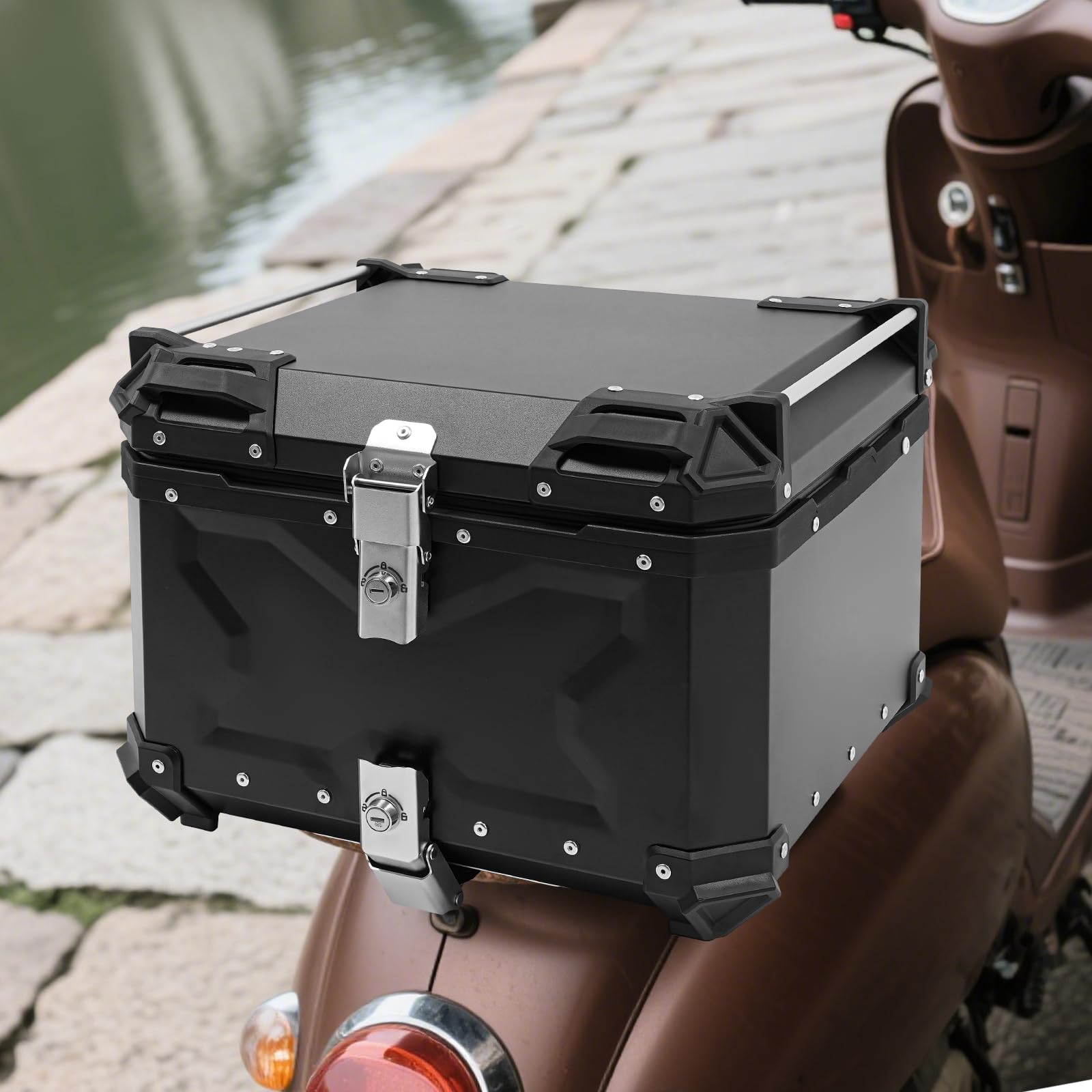 55L Motorrad Topcase, Wasserdichter Motorradkoffer aus Aluminiumlegierung mit Sicherheitsschloss, Universal Motorrad-Heckbox für Helme, Kleidung & Reisegepäck, Schwarz