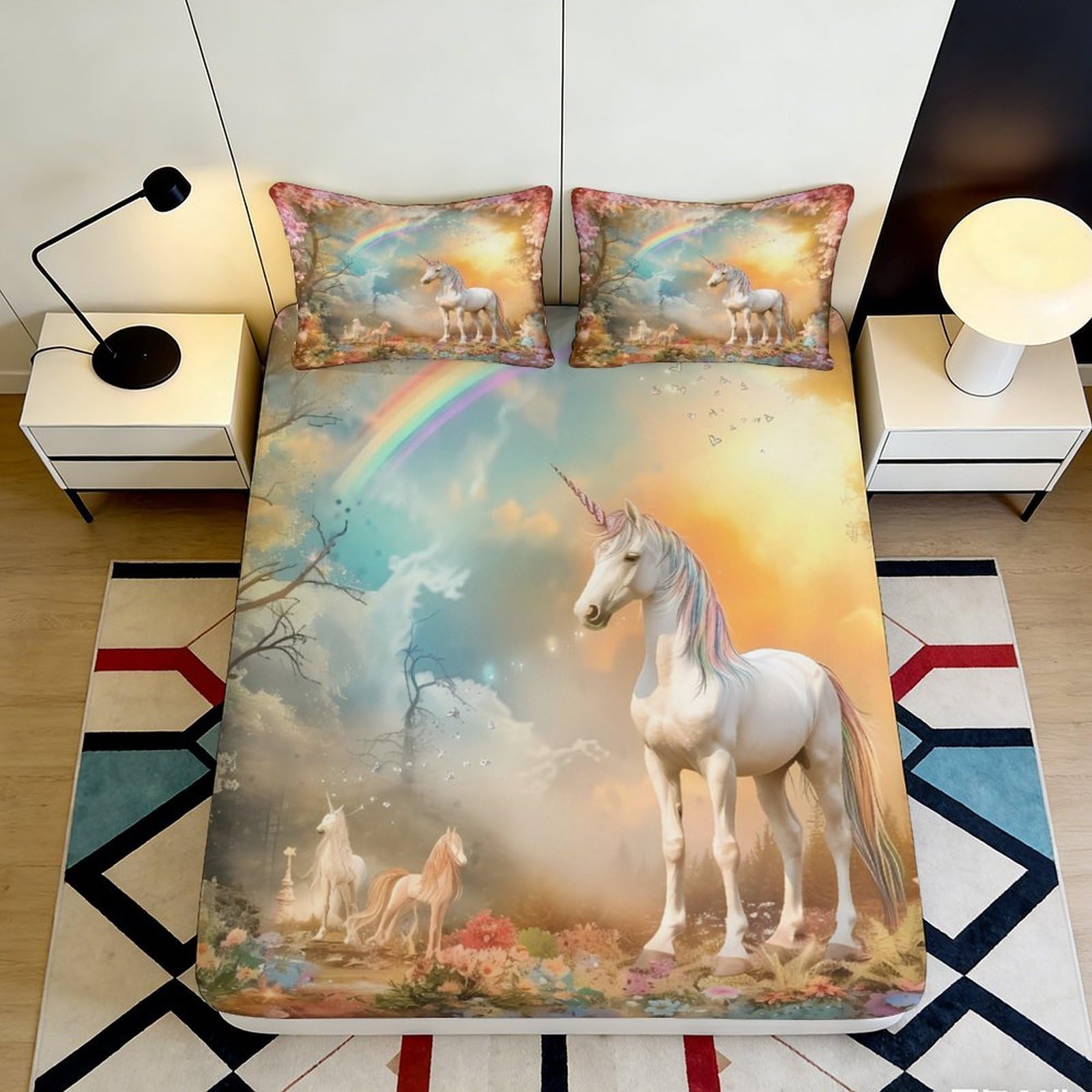3D Printed Unicorn Rainbow Fitted Sheet Microfiber Soft Anti-Slip Mattress Cover Pastel Fantasy for Bedroom Dorm Decor 160x200x25cm