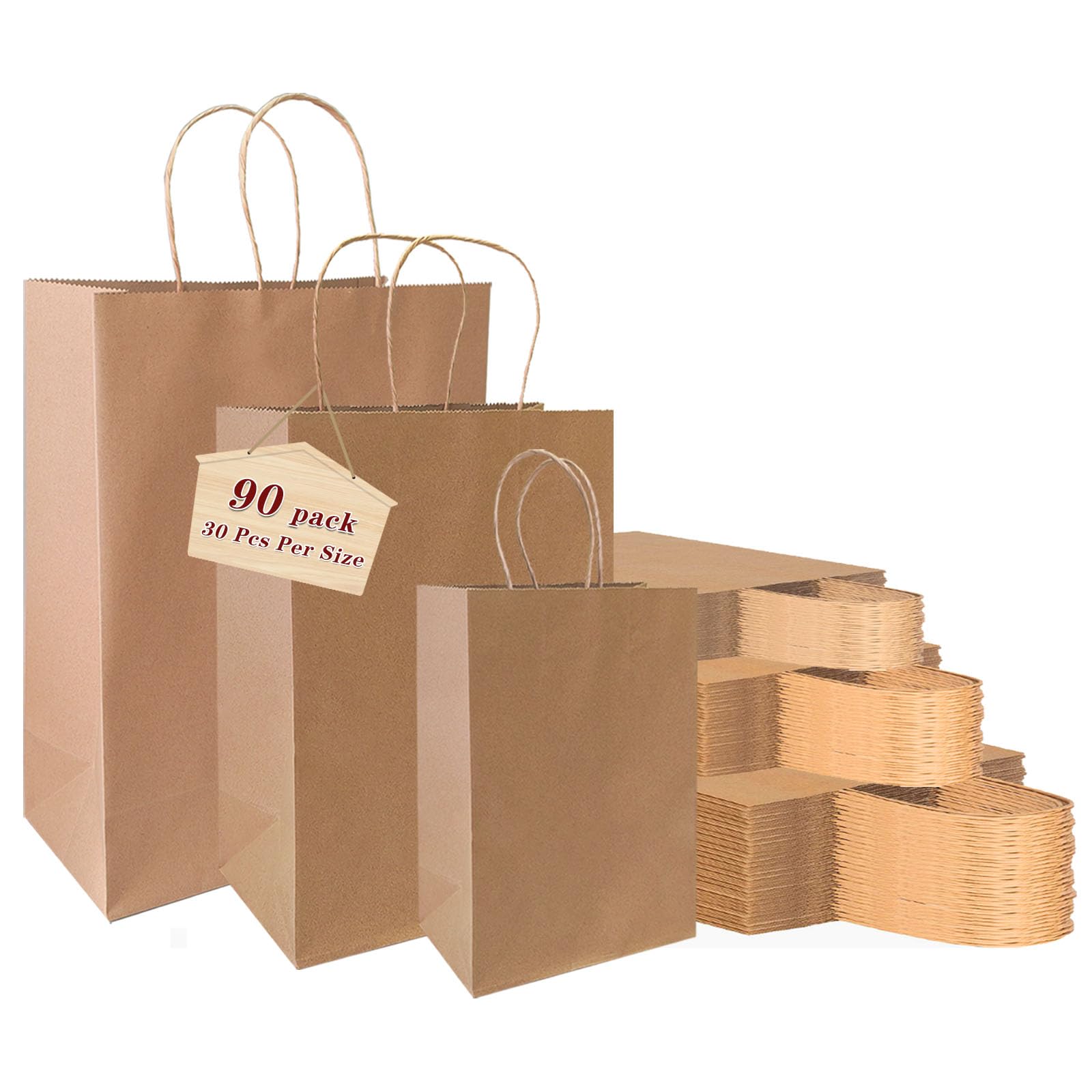 vanhel 90 pack Kraft Paper bags with Handles,Assorted Sizes Gift Bags Bulk Kraft Paper Bags, Weeding,Birthday, Favor,Party,Retail Merchandise Bags,