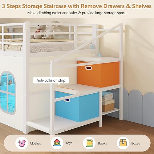 Miniatura 9 de DICTAC Cama alta baja con tobogán, escalera de almacenamiento y luces LED, cama alta de metal tamaño individual con espacio de juego debajo de la