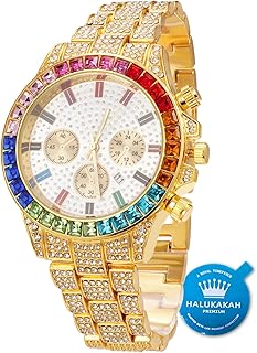 HALUKAKAH Multicolor Diamonds Iced Out Watch - Men\'s 18K Real Rose Gold/Platinum White Gold Plated 40MM Width White Dial Quartz Wristband with Cuban Link Chain Necklace Bracelet, Free Giftbox