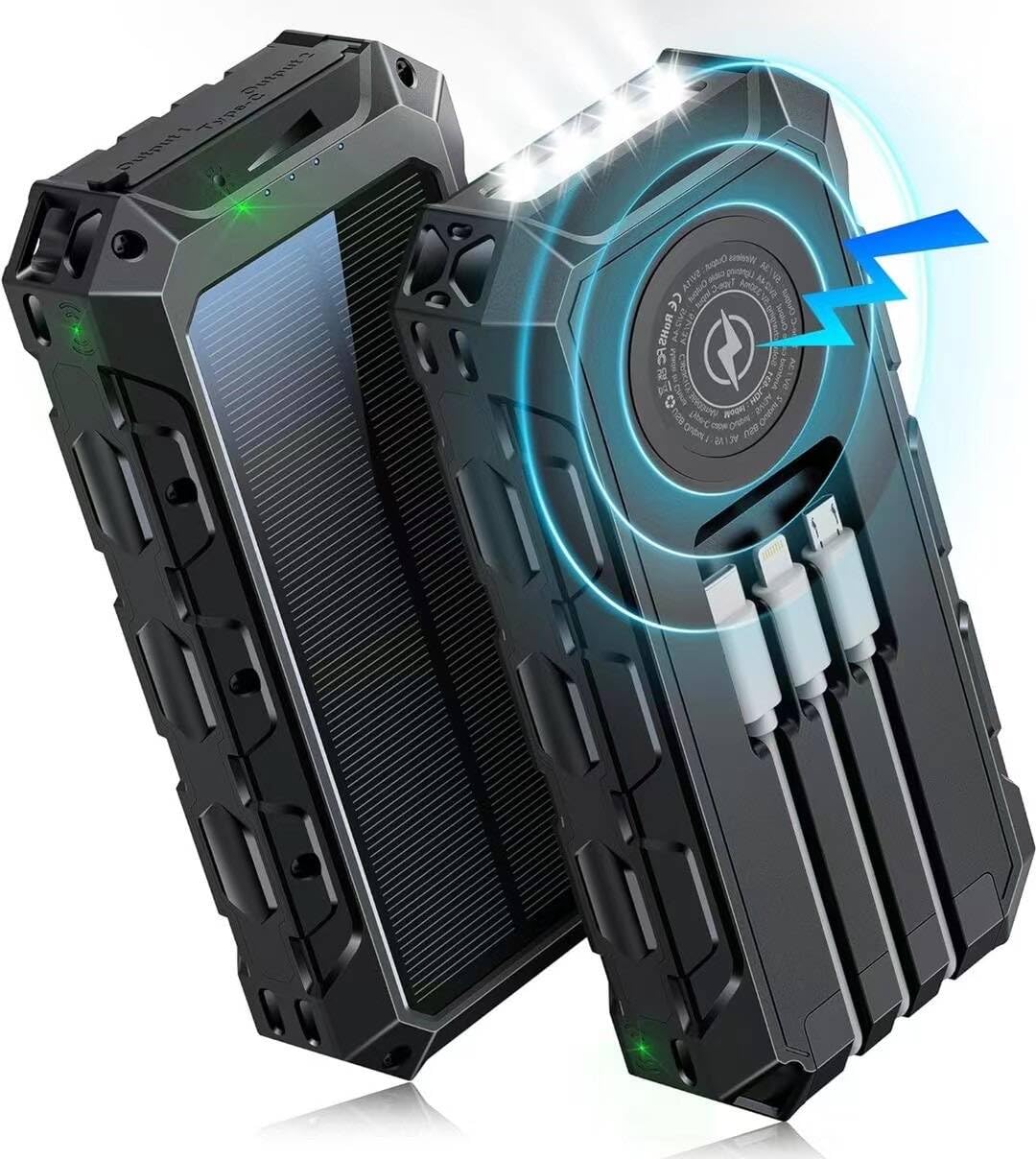 Caricatore solare per cellulare 26800 + mAh con torcia - Power Bank Solar con ricarica rapida, caricatore mobile contactless o caricatore mobile tramite cavo. Batteria esterna con caricatore solare