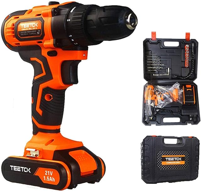 21V Cordless Drill with 1x 1.5Ah Li-Ion Batteries, 2 Speed Drill Screwdriver 17 Torque, Portable Manual Small Hammer with 29pcs Accessories and Compact Case