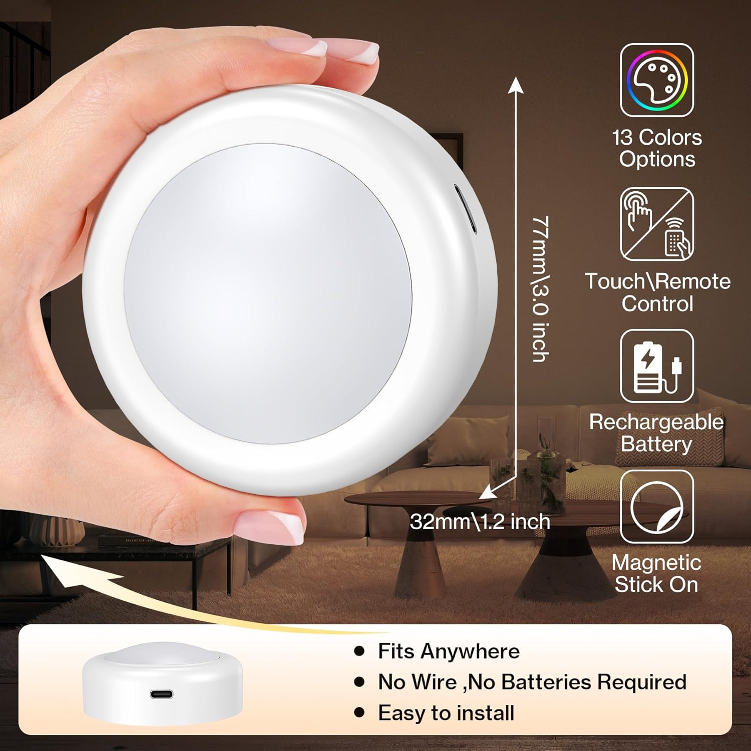 Cadrim Under Cabinet Lighting, Rechargeable Puck Lights with Remote Control, 13 Colors RGB LED Rechargeable Night Light, 1000mAh Battery Operated Wireless Push Light, Magnetic Stick-on Design (6pcs)