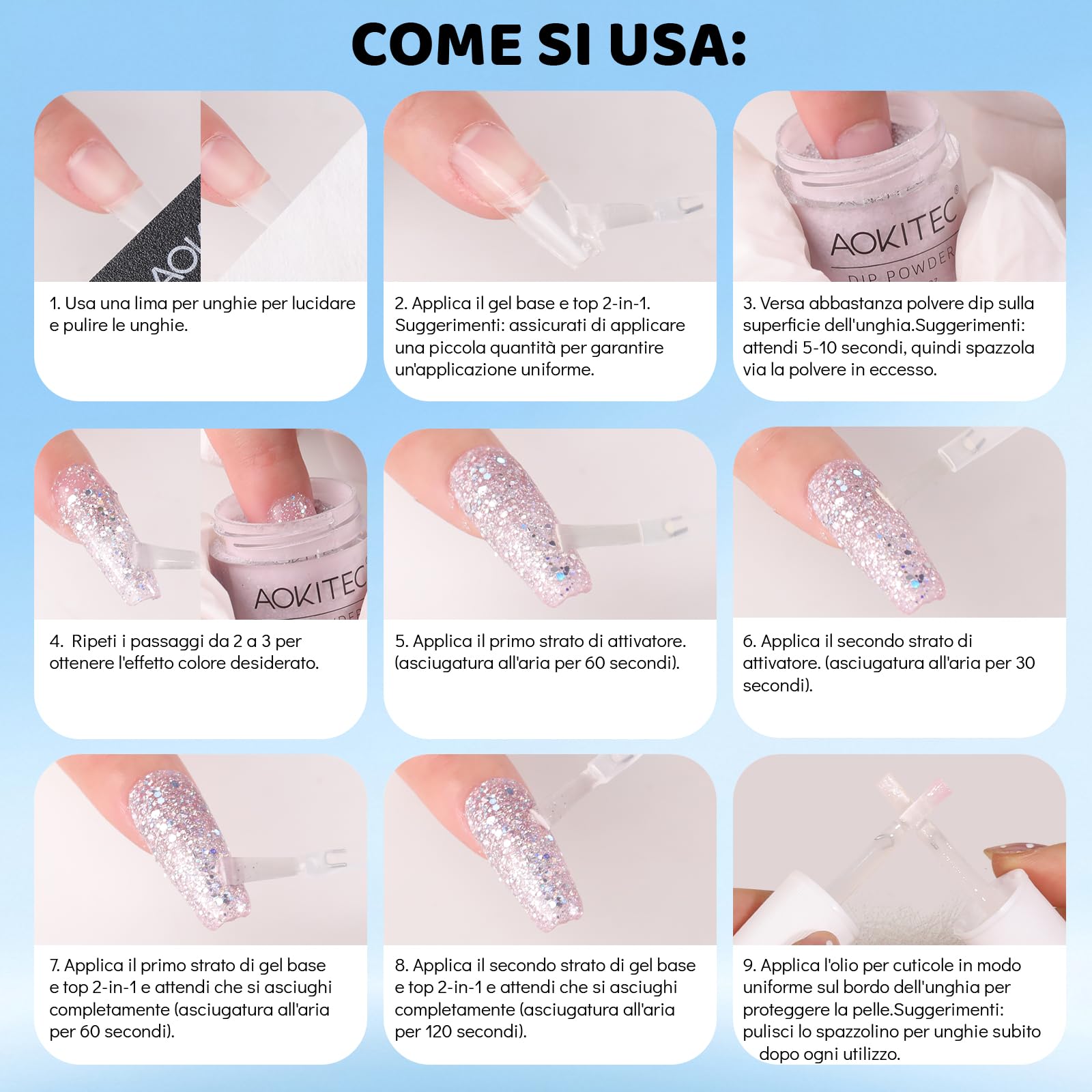 Aokitec Kit per unghie in polvere a immersione, blu e luccicante, con liquido per unghie, kit per nail art, facile da trasportare e usare, set per unghie in acrilico, regalo per donne e ragazze